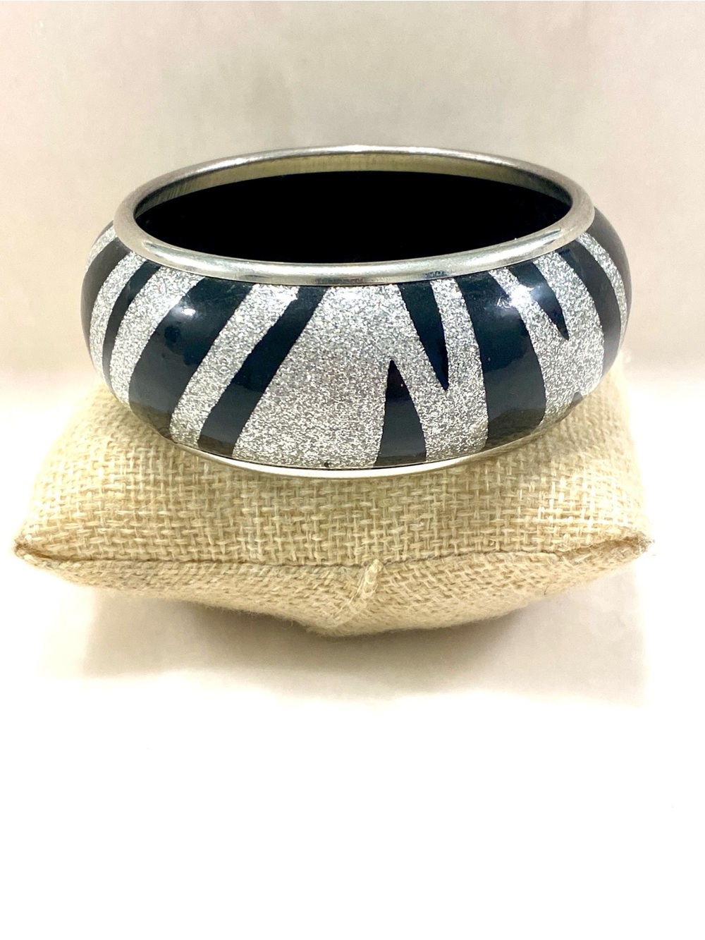 Vintage Silver Glitter & Black Zebra Stripe Bangle Bracelet ✨ Retro Mod